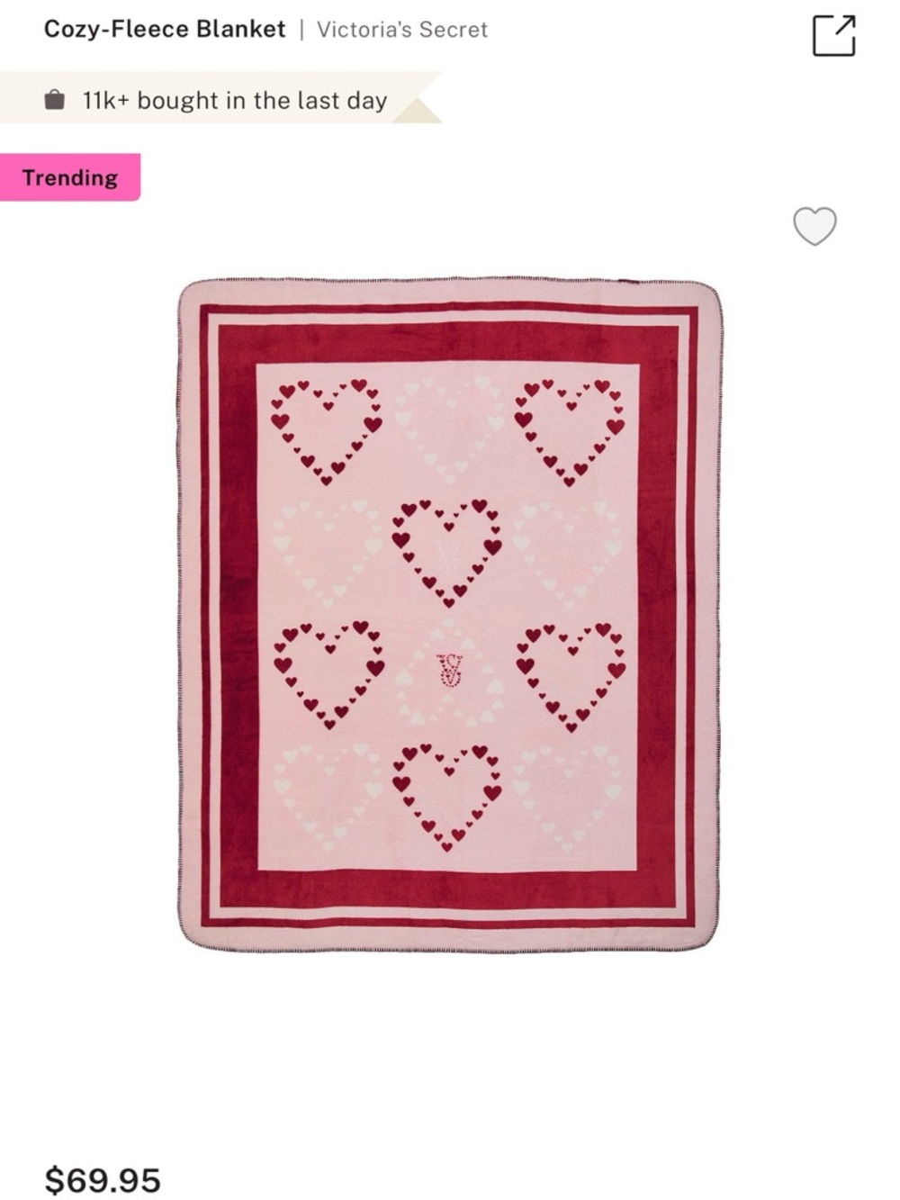 Victoria's Secret Pink and Red Heart Fleece Throw Blanket 50x60